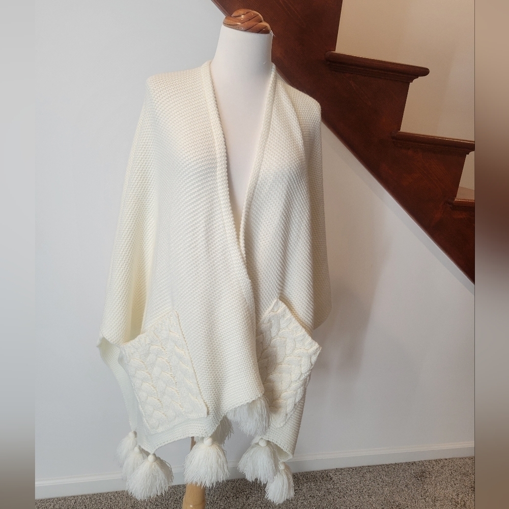 Cynthia Rowley Women's Ivory Knit Wrap Shawl with Tassel Pom Poms One Size
